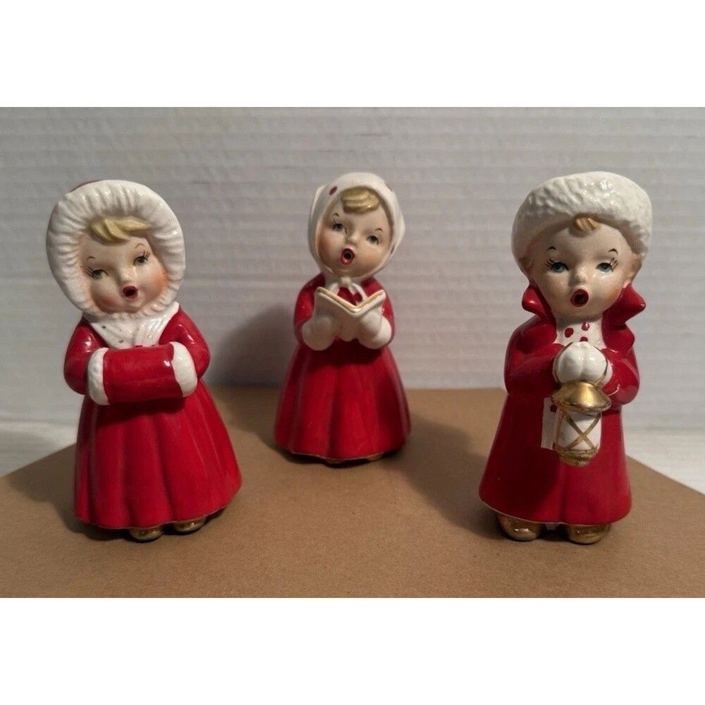 3 VTG 1950's FUR Ceramic Open Mouth Christmas Carolers Fine A Quality Japan